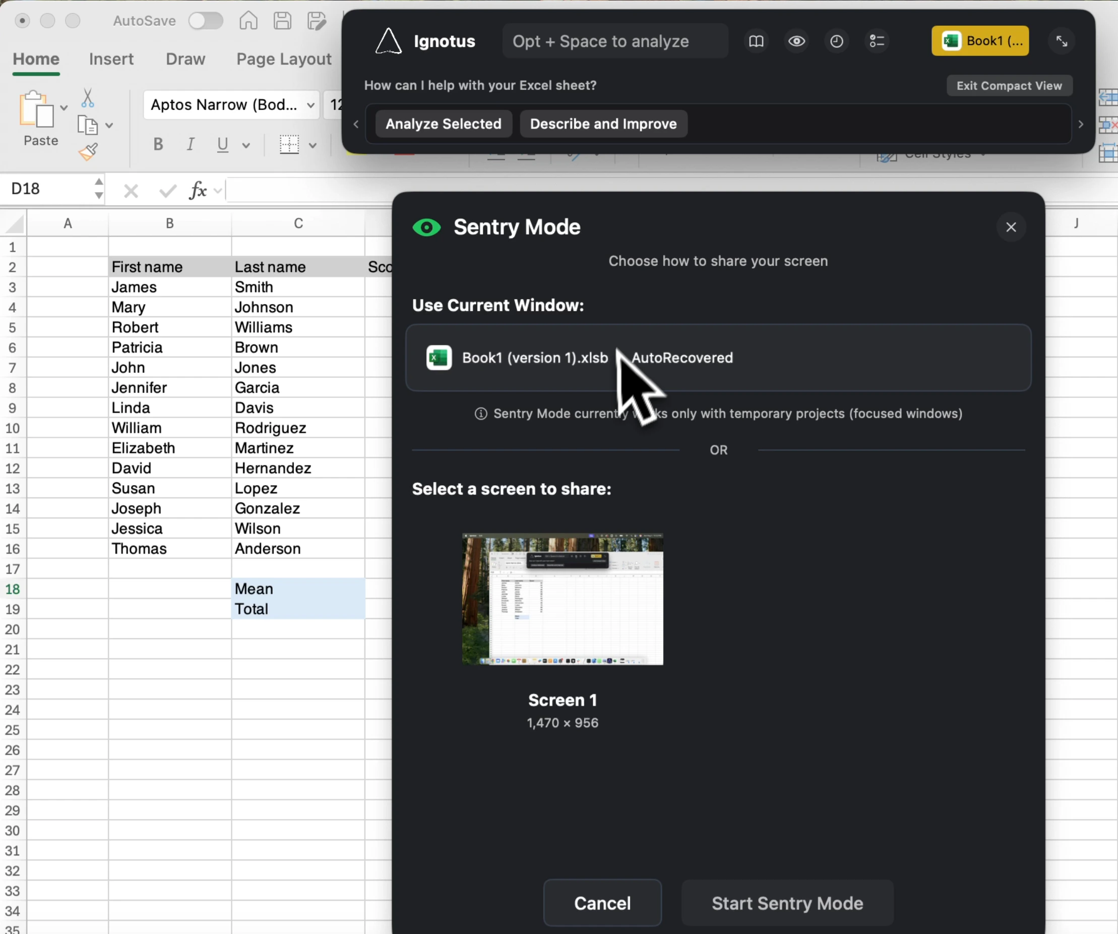 The Sentry Mode selection view, showing options for 'Current Window' and available screens.