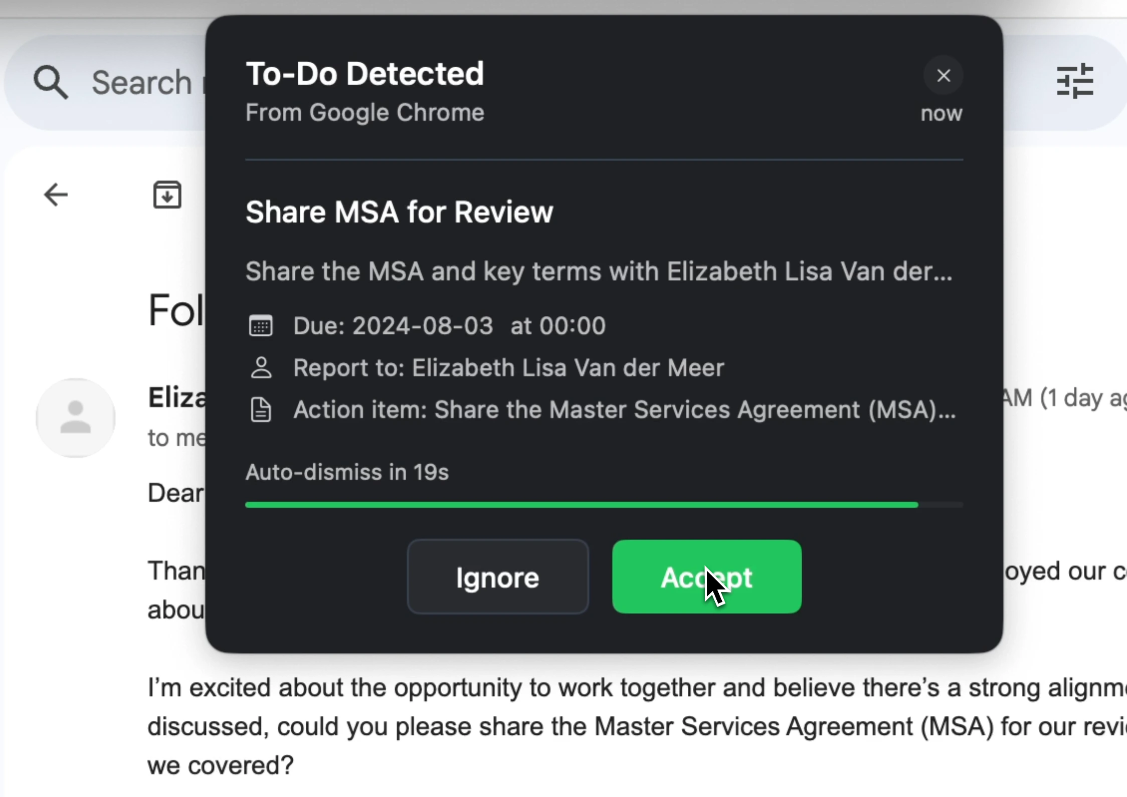 Pop-up dialog displaying a to-do item with Accept and Ignore buttons.