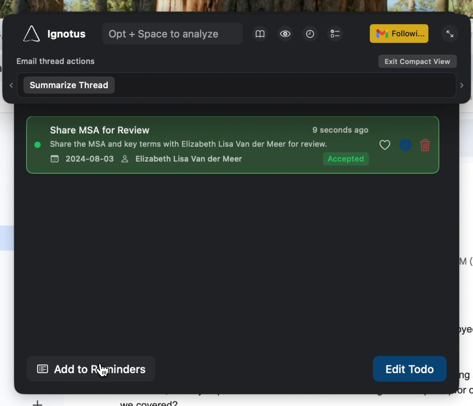 A to-do item with a button to add it to the Reminders app.