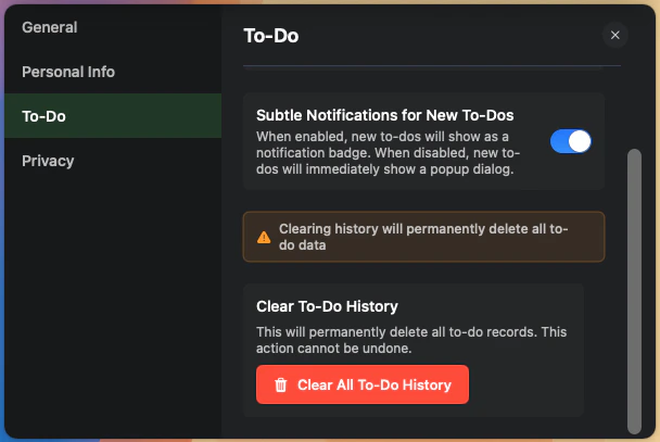 Settings panel with a button to clear all to-do items.