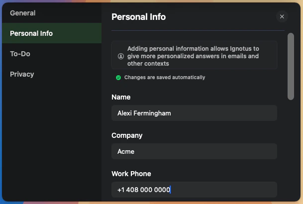 Personal Details section in settings with a name field filled out.