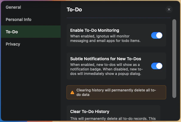 Settings panel showing the To-Do Identification toggle switch.
