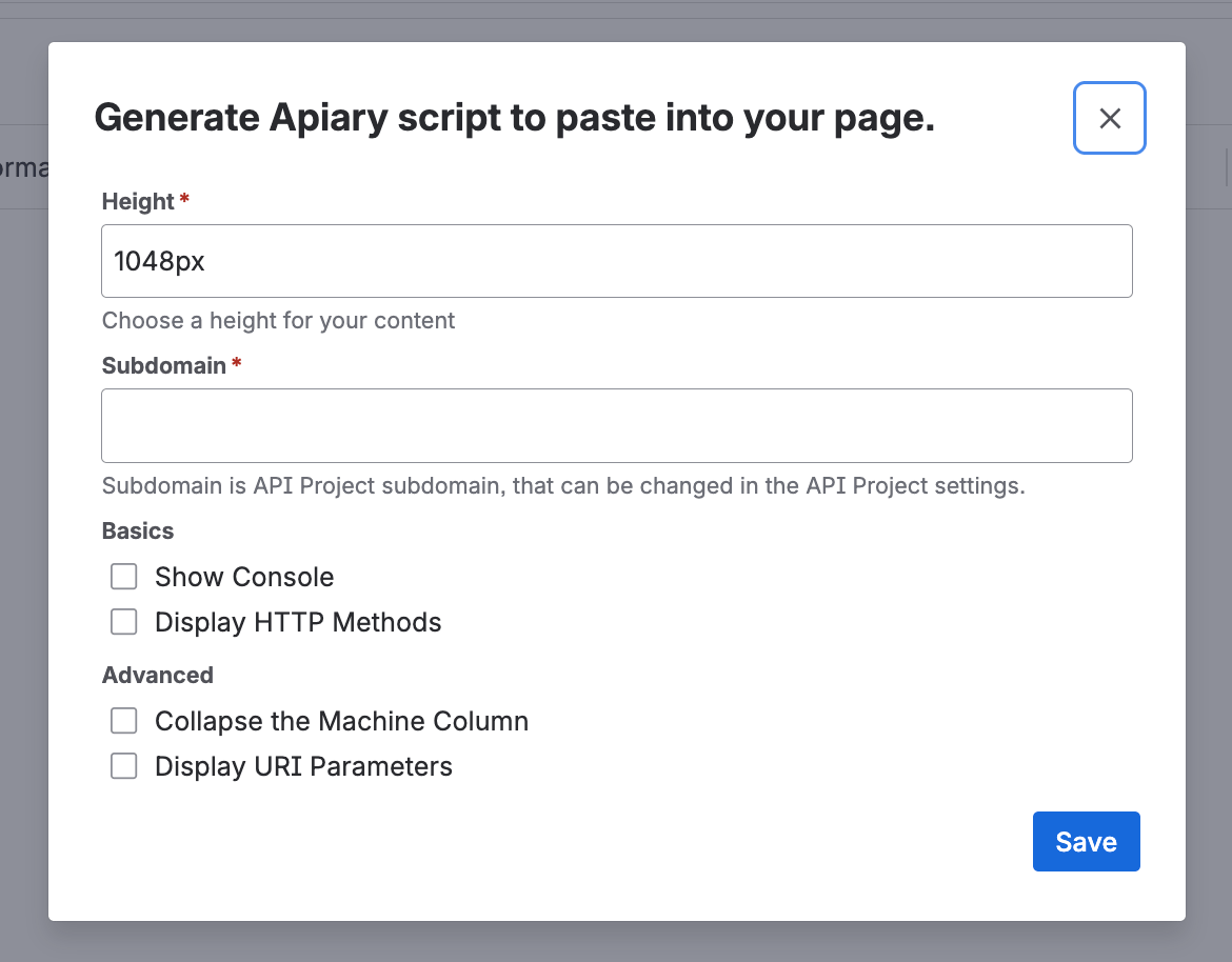 Apiary Embed (generate code) macro configuration form