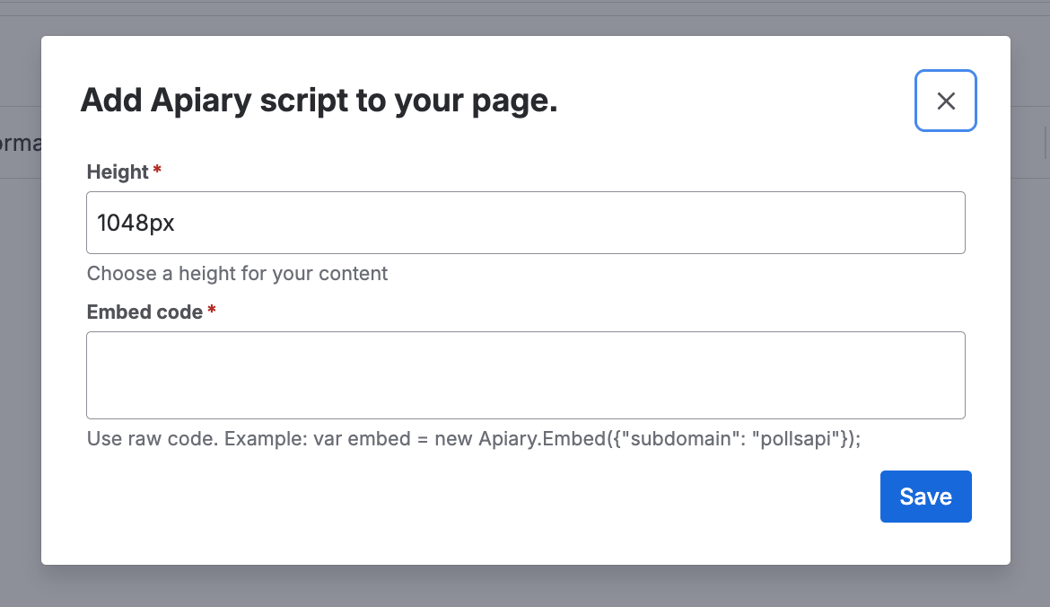 Apiary Embed (raw code) macro configuration form