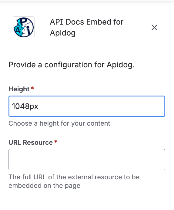 API Docs Embed for Apidog macro configuration form