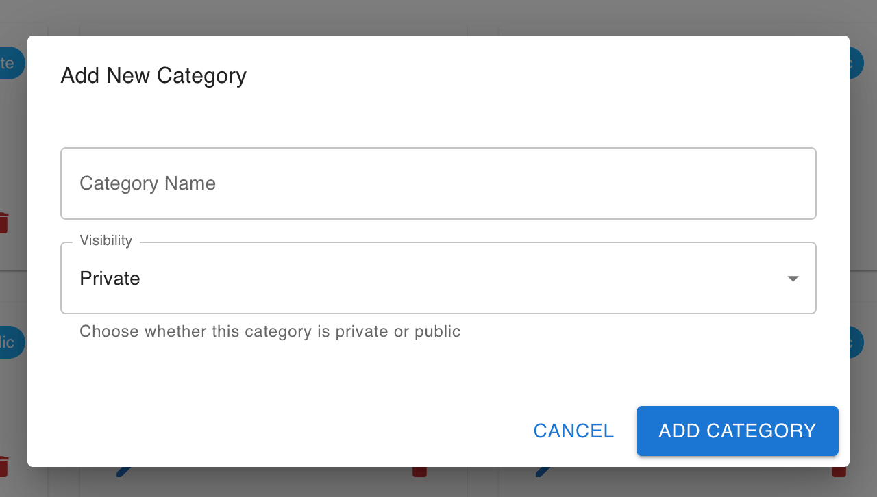 Add Category form with Visibility set to Private