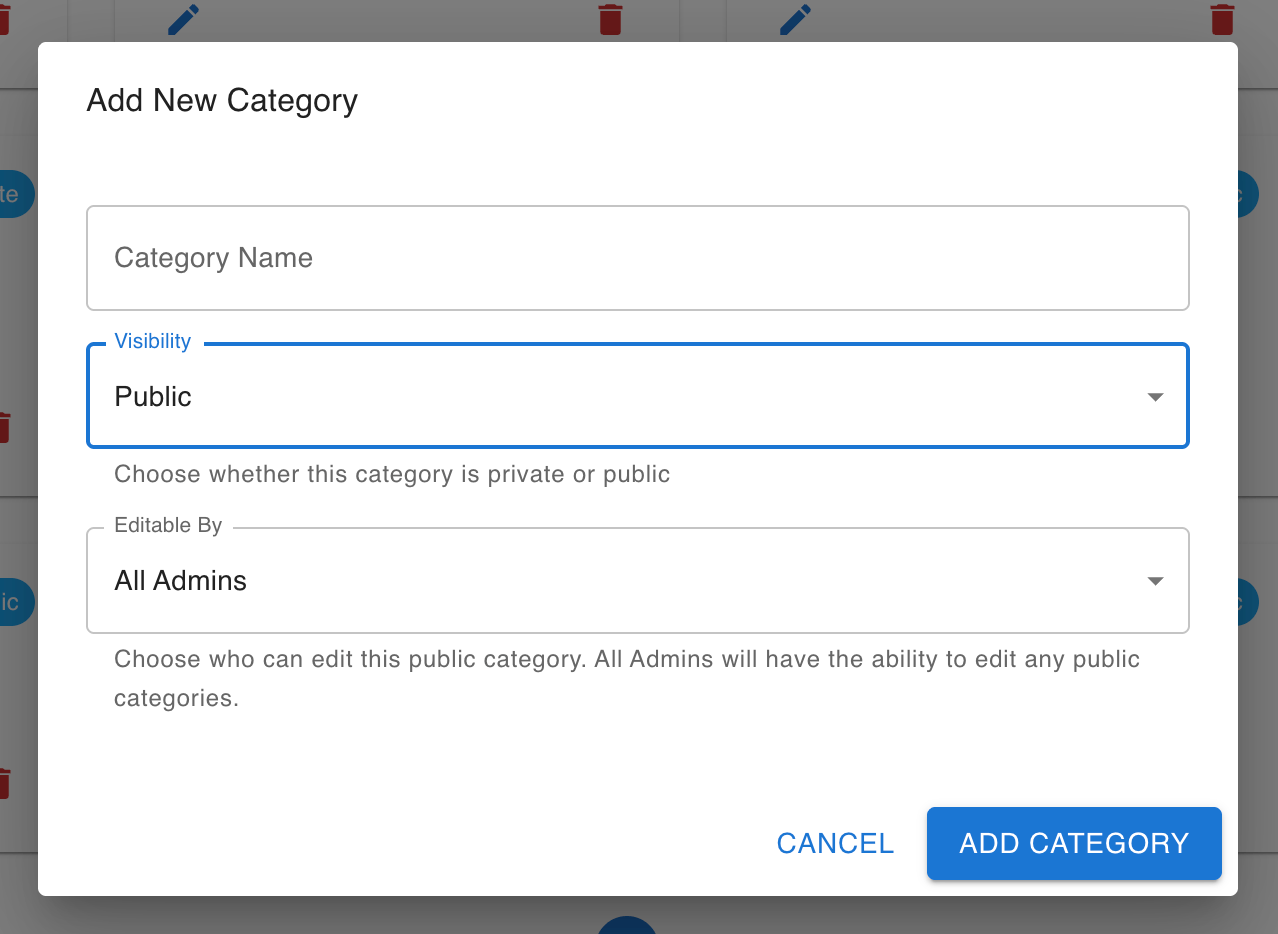 Add Category form with Visibility set to Public, showing the Editable By field