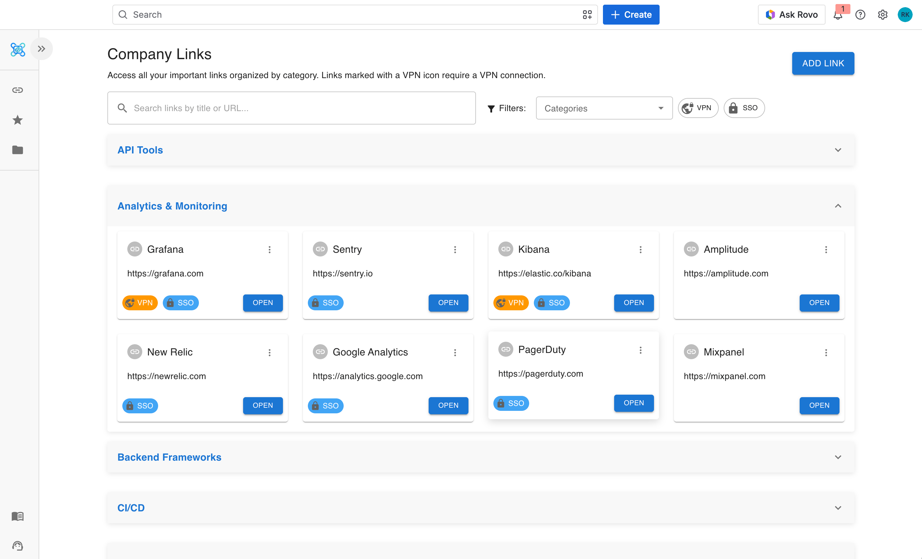 Company Links page showing link cards grouped by category