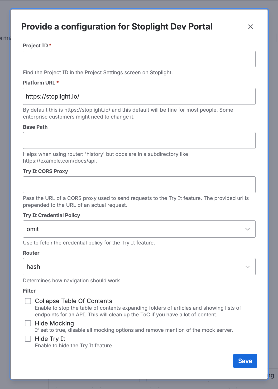 Stoplight Elements Dev Portal macro configuration form