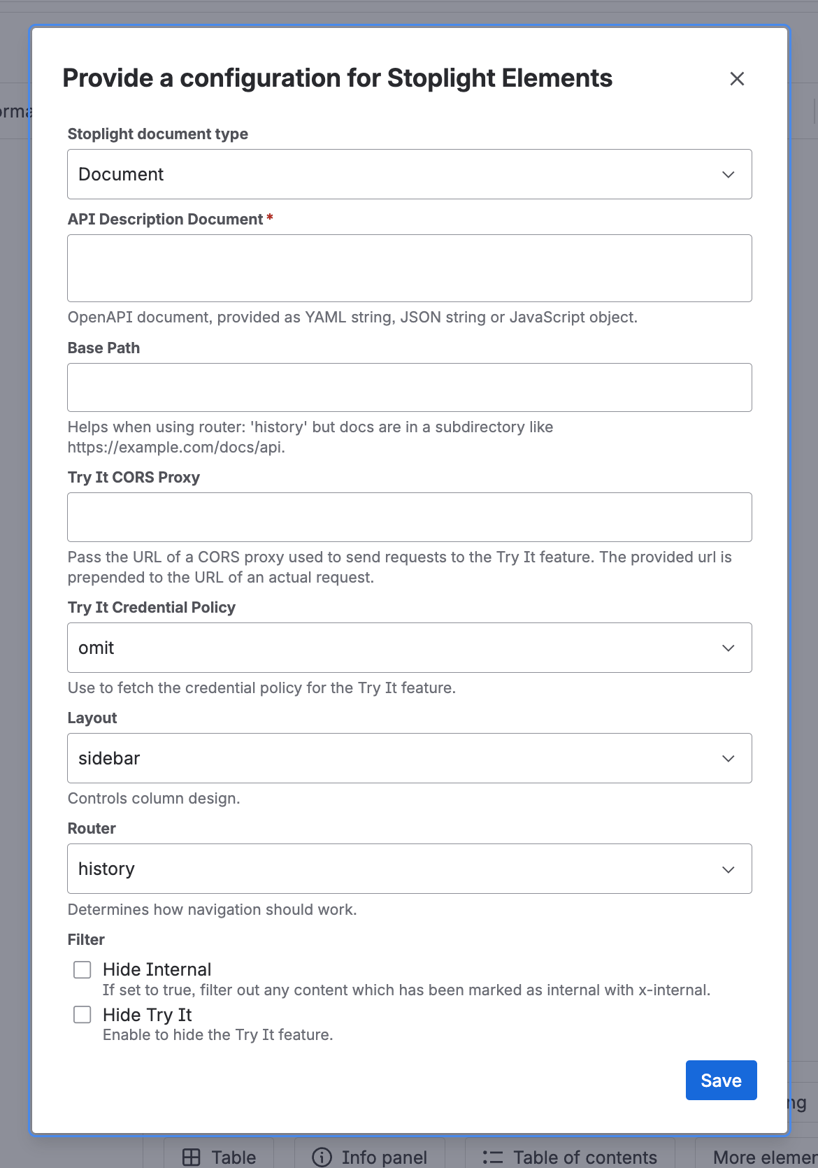Stoplight Elements macro configuration form with document type set to Document