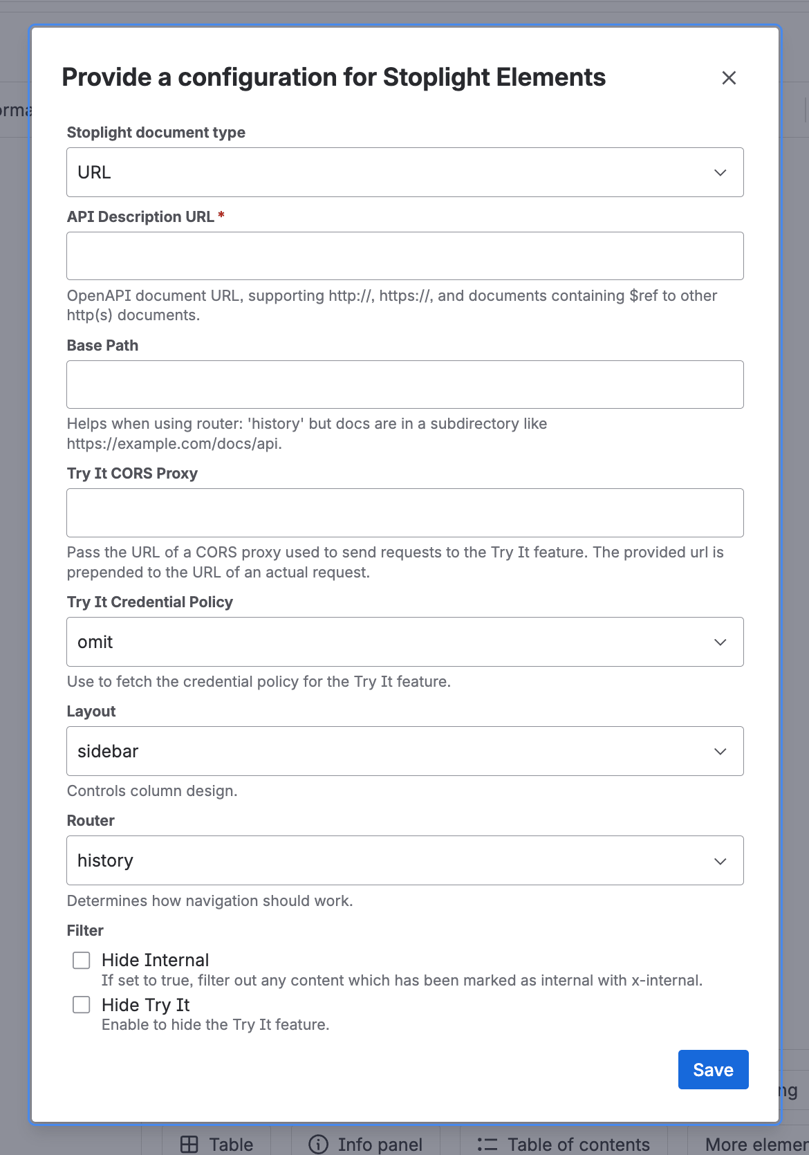 Stoplight Elements macro configuration form with document type set to URL
