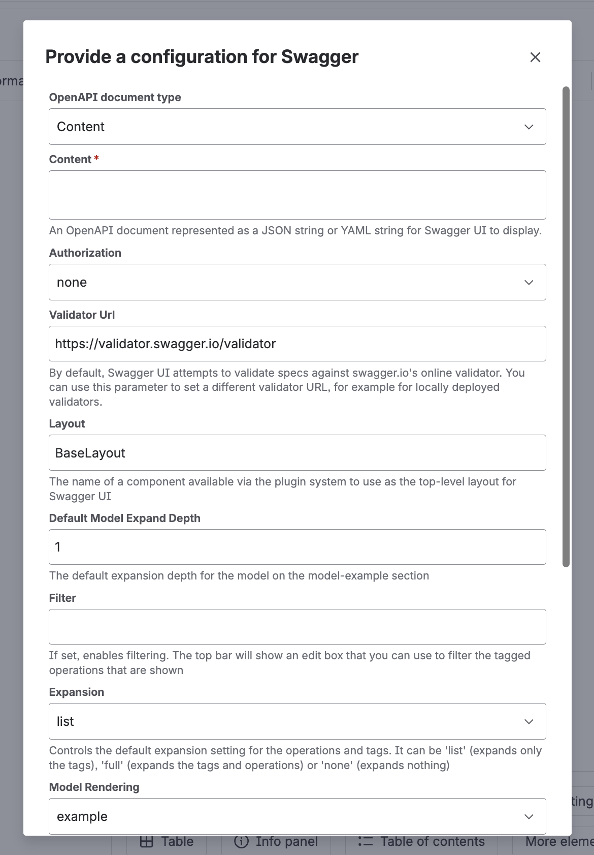 Better Swagger UI macro configuration form with document type set to Content