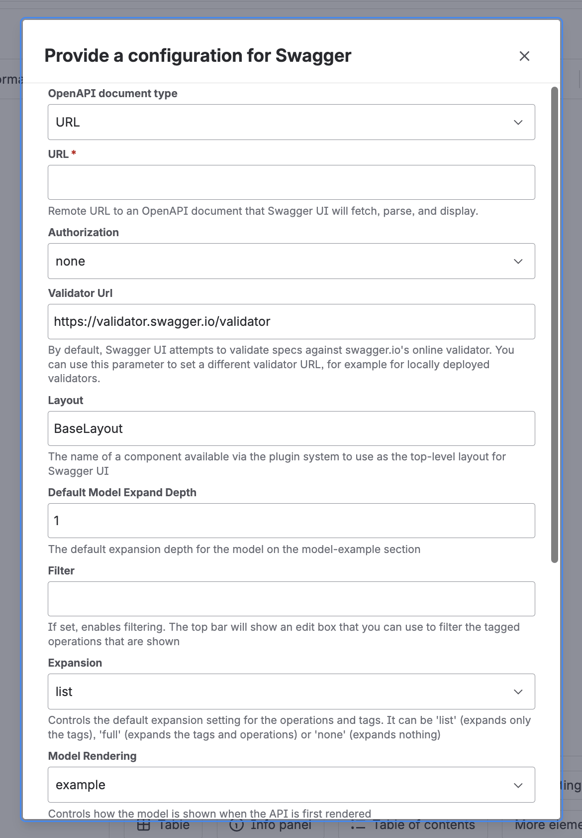Better Swagger UI macro configuration form with document type set to URL