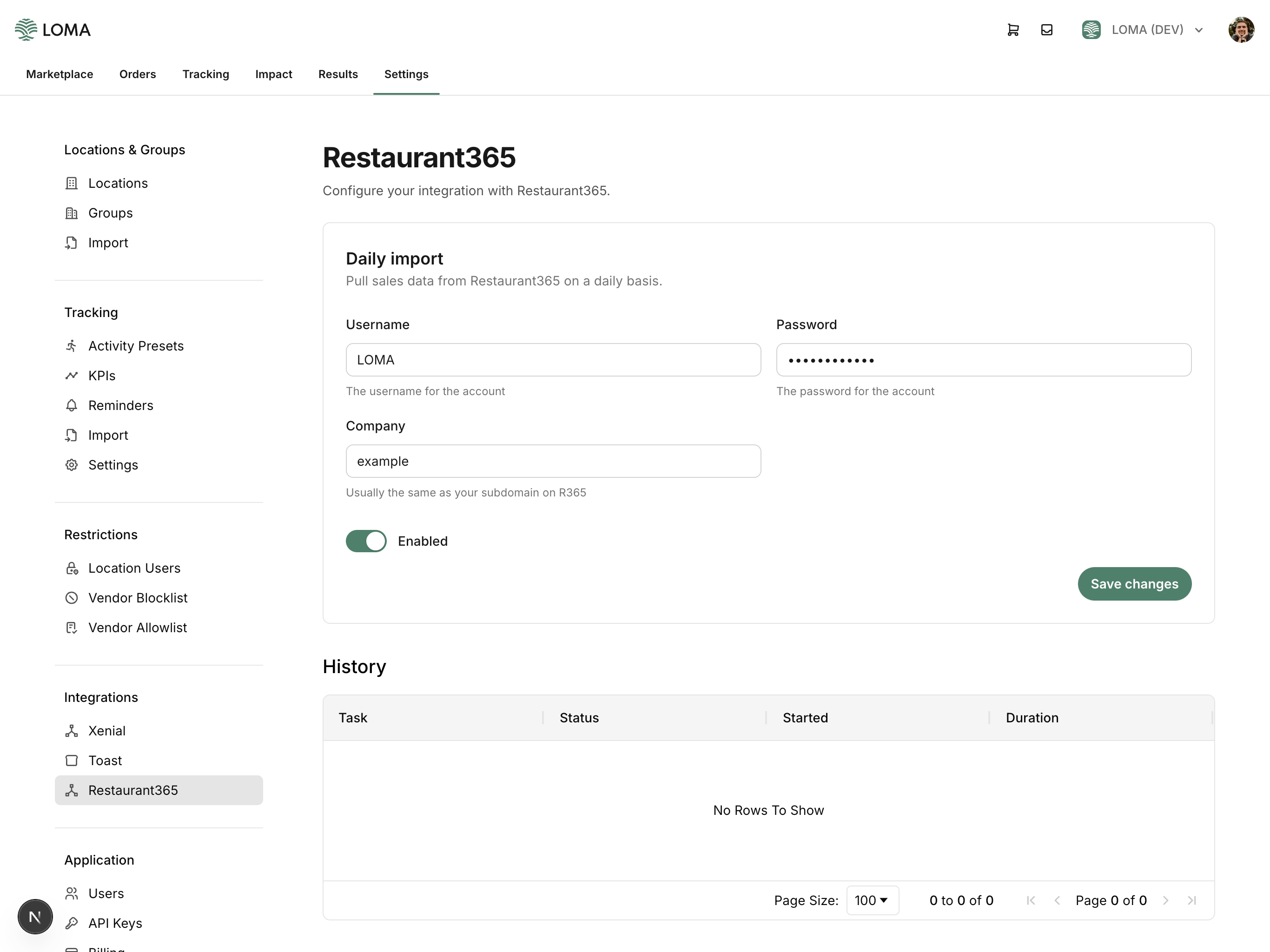 Restaurant365 reference settings