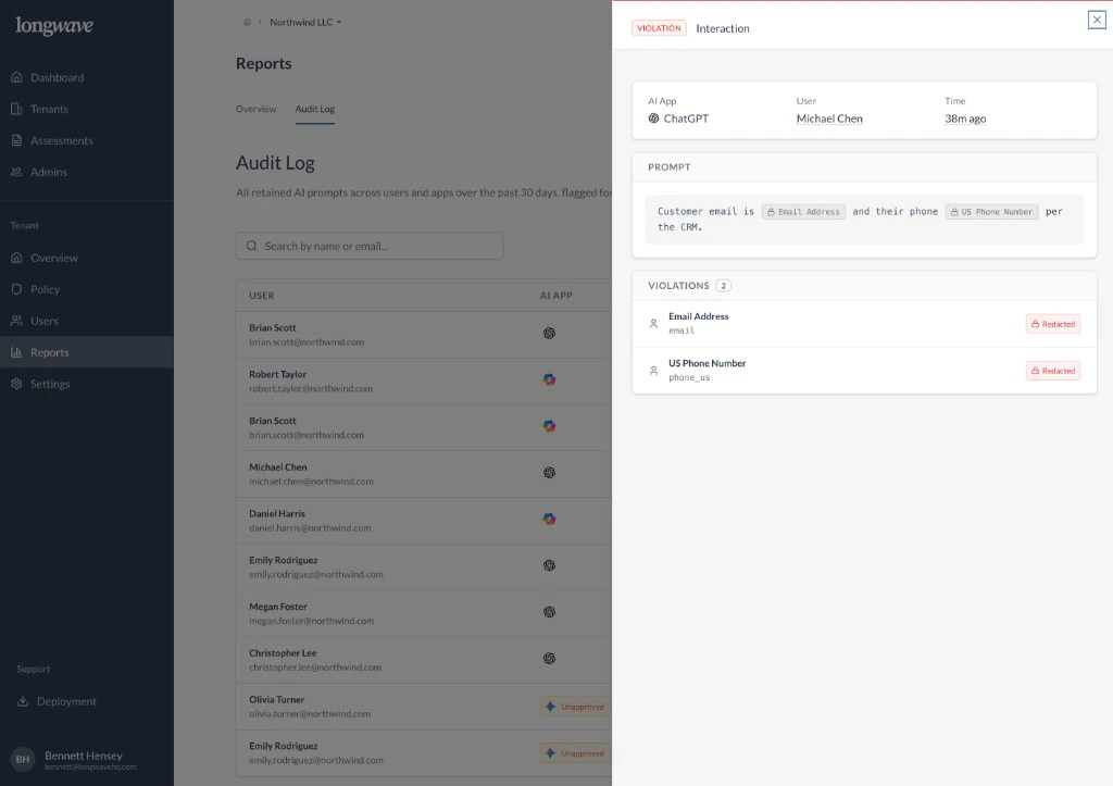 Longwave Audit Log for the Northwind tenant: list of retained prompts by user and AI app over the past 30 days, with an interaction detail panel showing a ChatGPT prompt from Michael Chen that contained an email address and US phone number, both redacted under the active AI policy