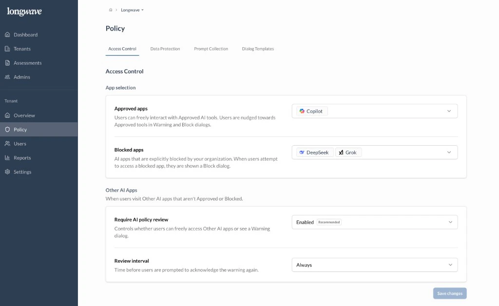 Longwave Policy → Access Control: Approved apps showing Microsoft Copilot, Blocked apps showing DeepSeek and Grok, and Other AI Apps with Require AI policy review enabled and review interval set to Always