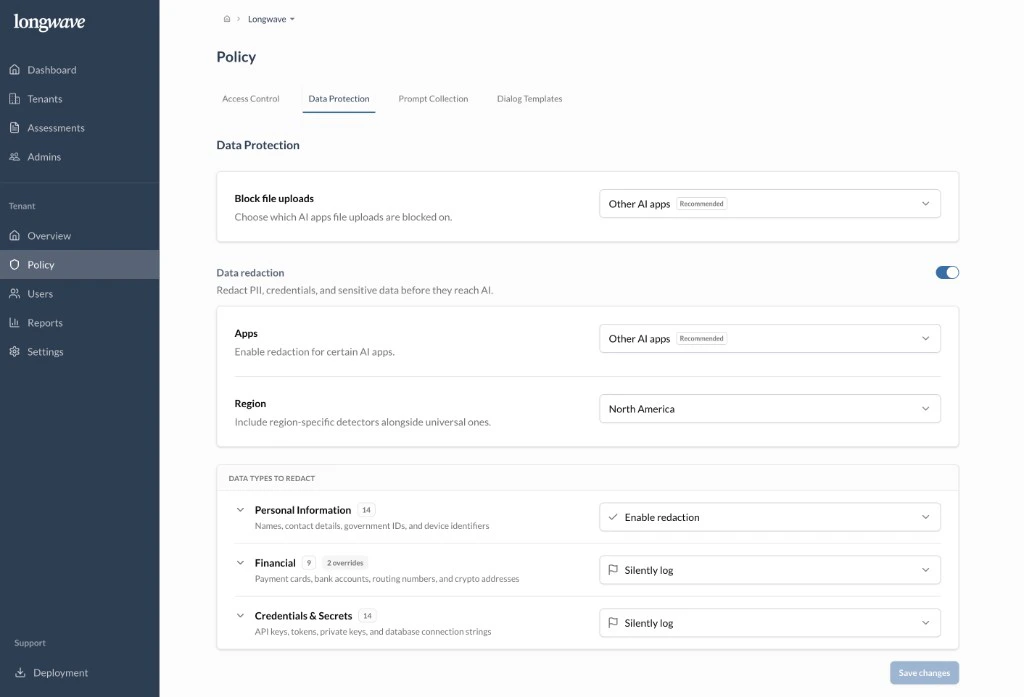 Longwave Policy → Data Protection: Block file uploads scoped to Other AI apps (recommended); Data redaction enabled with Apps set to Other AI apps and Region North America; Data types to redact showing Personal Information set to Enable redaction, Financial set to Silently log with 2 overrides, and Credentials & Secrets set to Silently log
