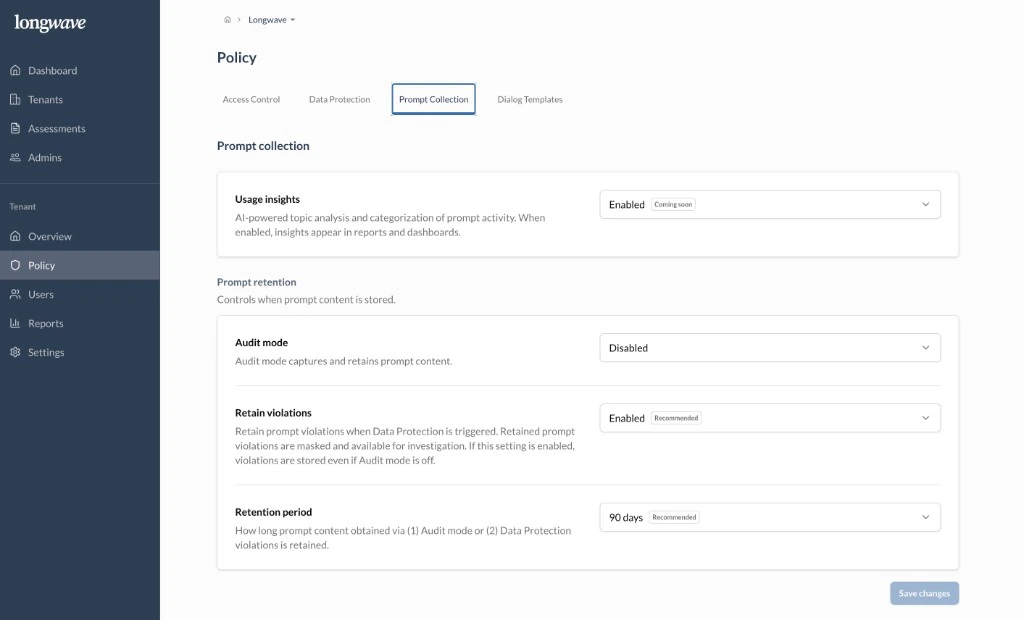 Longwave Policy → Prompt Collection: Usage insights enabled (coming soon); Prompt retention with Audit mode disabled, Retain violations enabled (recommended), and Retention period set to 90 days (recommended)