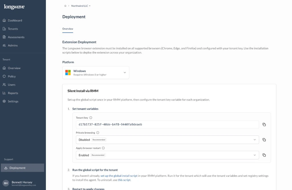 Longwave tenant Deployment page: extension instructions, platform selector, tenant key and RMM silent install steps for the selected tenant