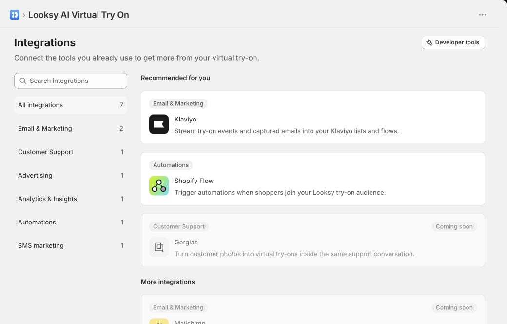 Looksy Integrations screen showing available Klaviyo and Shopify Flow cards, with Gorgias and further integrations marked Coming soon.