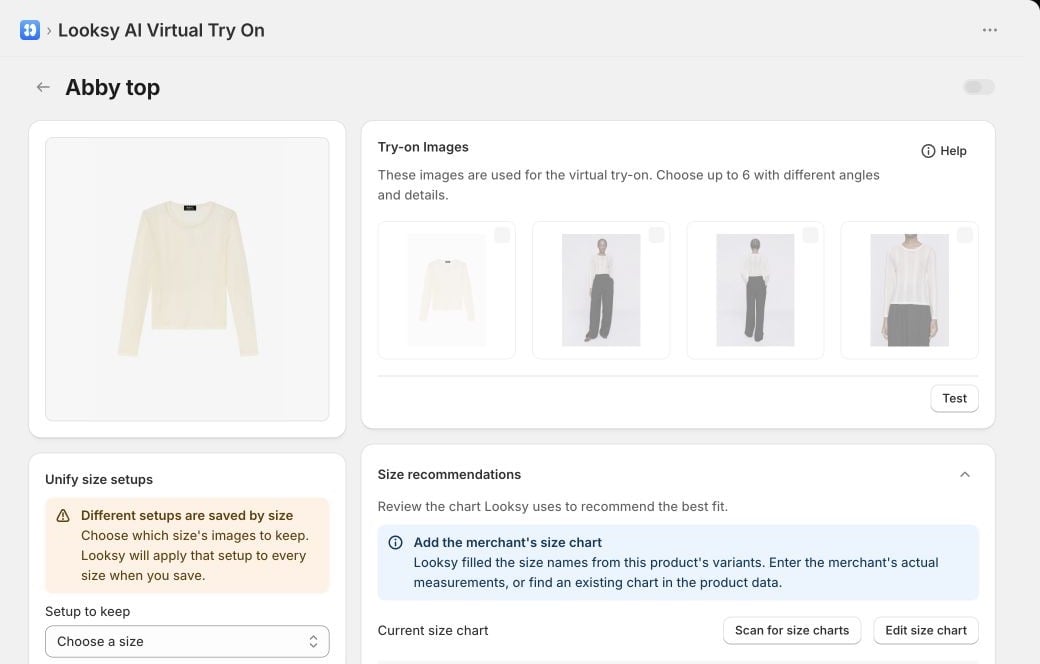 Looksy product configuration for Abby top with the selected product images, shared size setup warning, and Size recommendations card.