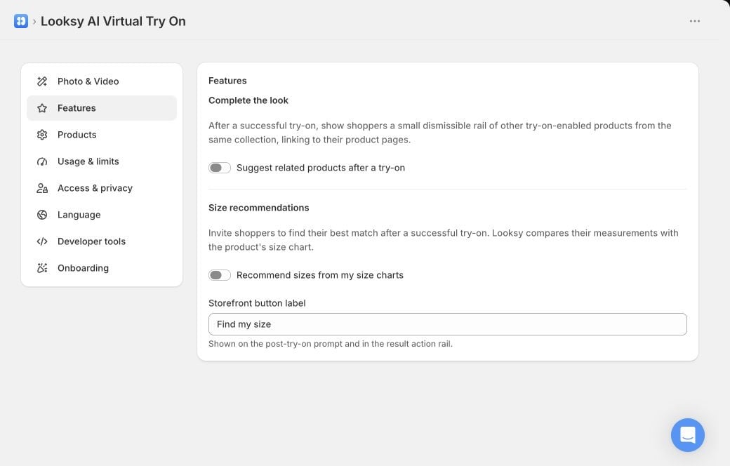 Looksy Features settings showing Complete the look and Size recommendations controls.