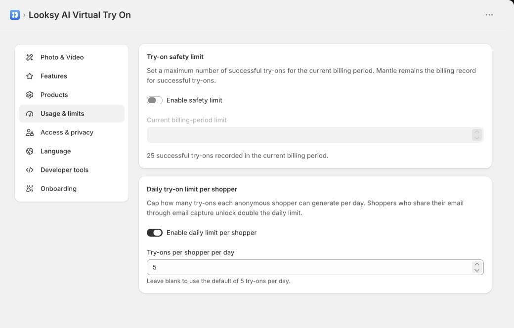 Looksy Usage and limits settings showing the Try-on safety limit and Daily try-on limit per shopper controls.