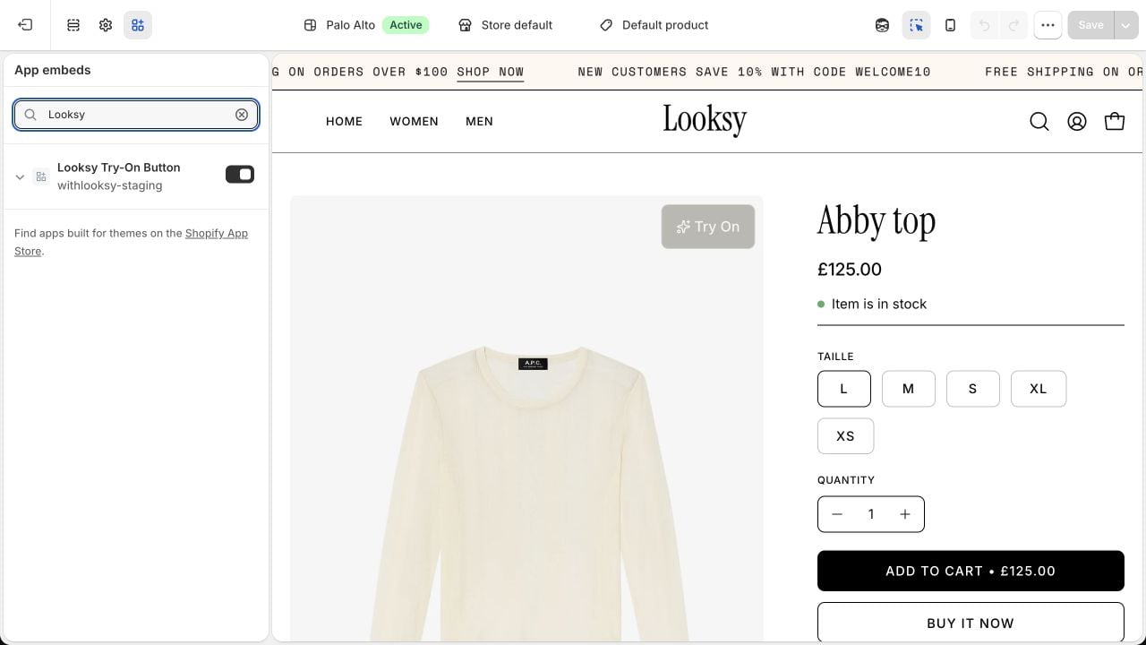 Shopify theme editor App embeds panel with Looksy Try-On Button enabled and the Save button visible.