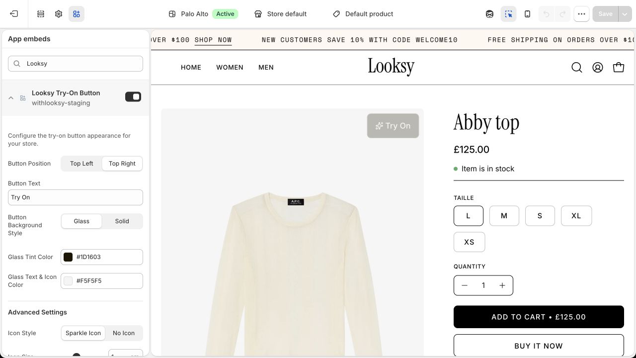 Shopify theme editor showing Looksy Try-On Button settings beside a storefront preview.