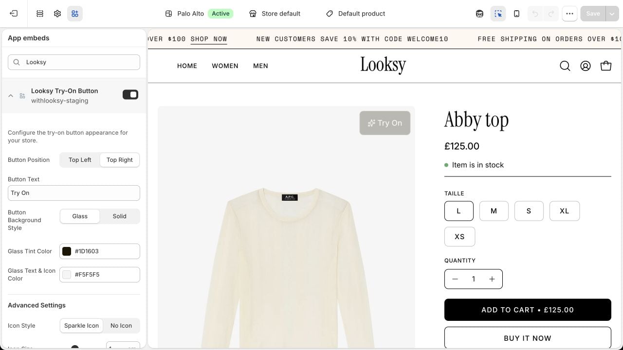 Shopify theme editor showing Looksy Try-On Button settings beside a storefront preview.
