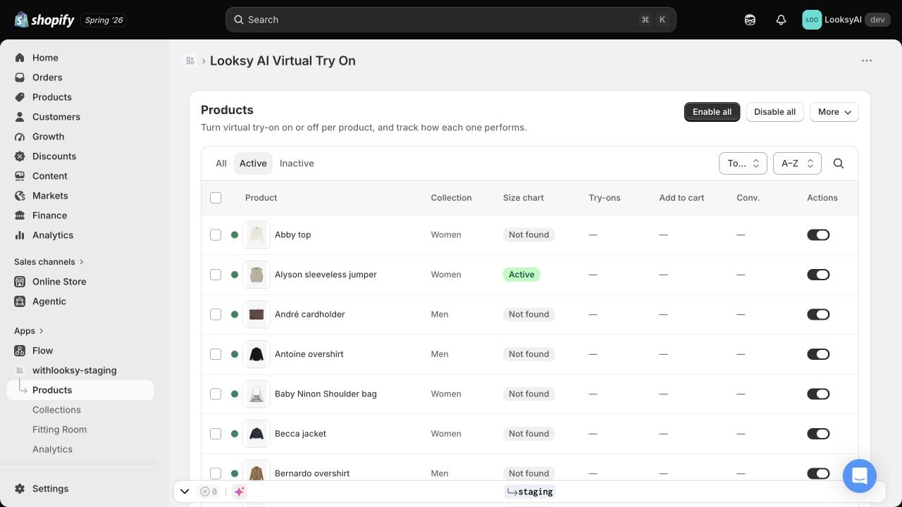 Looksy Products screen with product-level virtual try-on status and on-or-off controls.
