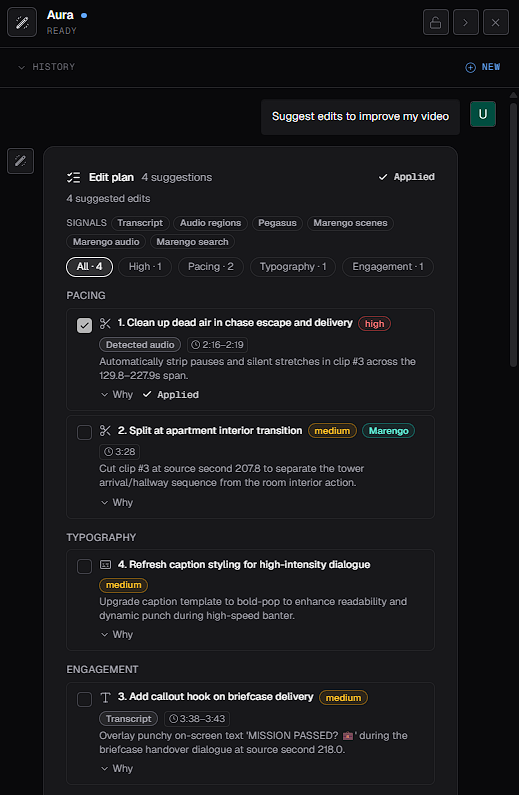 An Aura edit plan with four suggestions, filter buttons by priority and category, and suggestions grouped into Pacing, Typography and Engagement, each with a priority label, a Why link and a checkbox
