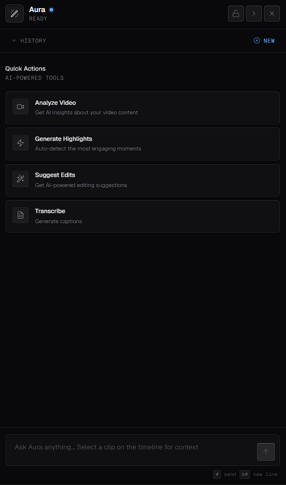 The Aura panel, showing the Quick Actions Analyze Video, Generate Highlights, Suggest Edits and Transcribe, and the prompt field at the bottom