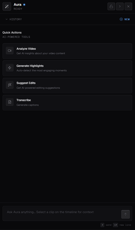The Aura panel, showing the Quick Actions Analyze Video, Generate Highlights, Suggest Edits and Transcribe, and the prompt field at the bottom