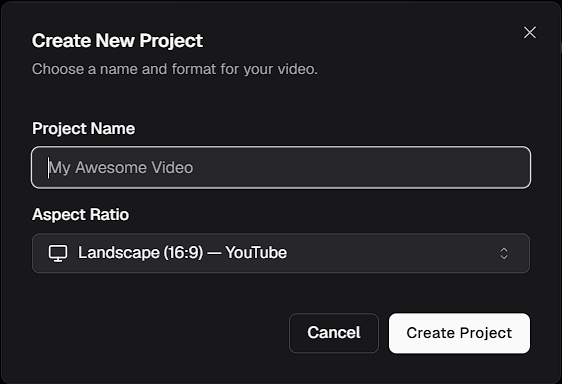 The Create New Project dialog, with a Project Name field, an Aspect Ratio menu set to Landscape (16:9) — YouTube, and the Create Project button