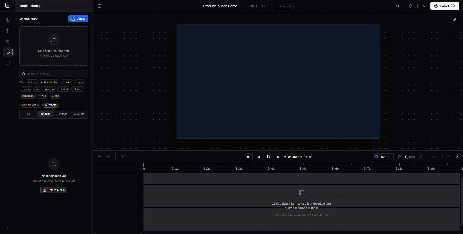 The Video Editor, with the Media Library panel on the left, the preview canvas in the center, the timeline below it and the Export button at the top right