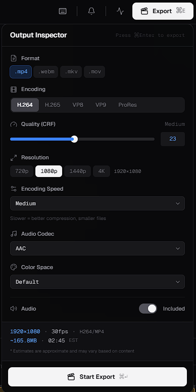 The Output Inspector, with settings for format, encoding, quality (CRF), resolution, encoding speed, audio codec, color space and audio, followed by the output estimate and the Start Export button
