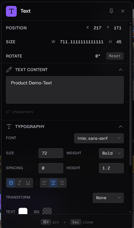 The Text properties panel, with Position, Size and Rotate, a Text Content box, and Typography settings for font, size, weight, spacing, line height, styles, alignment, transform and colors