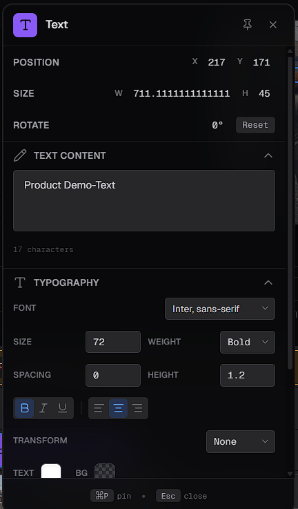 The Text properties panel, with Position, Size and Rotate, a Text Content box, and Typography settings for font, size, weight, spacing, line height, styles, alignment, transform and colors