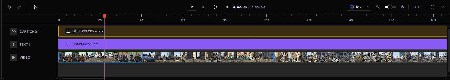 The timeline, with the toolbar above it and Captions, Text and Video tracks below, each holding clips