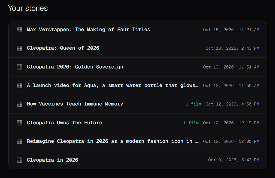 The Your stories list, showing previous Storyteller stories with their titles, dates and times, and a film count on some stories