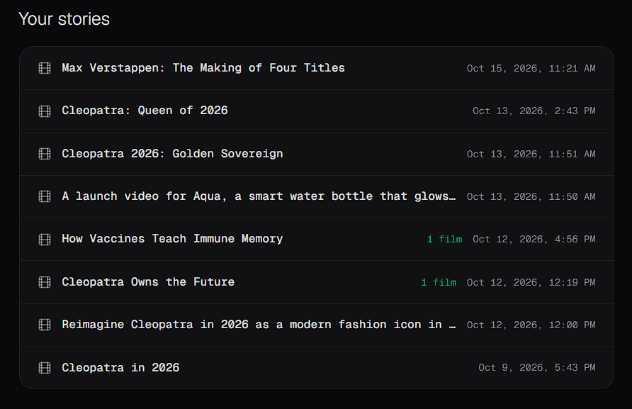 The Your stories list, showing previous Storyteller stories with their titles, dates and times, and a film count on some stories