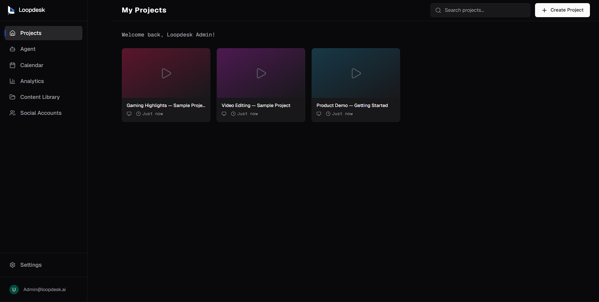 The My Projects page in Loopdesk, with the main sidebar on the left, project cards, the project search box and the Create Project button