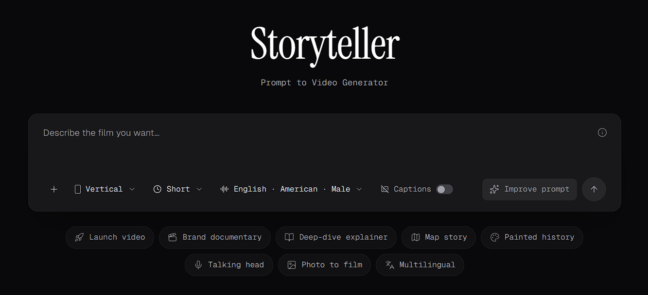 The Storyteller page, with the prompt box, settings for aspect ratio, duration, voice and captions, the Improve prompt button, and the preset buttons below