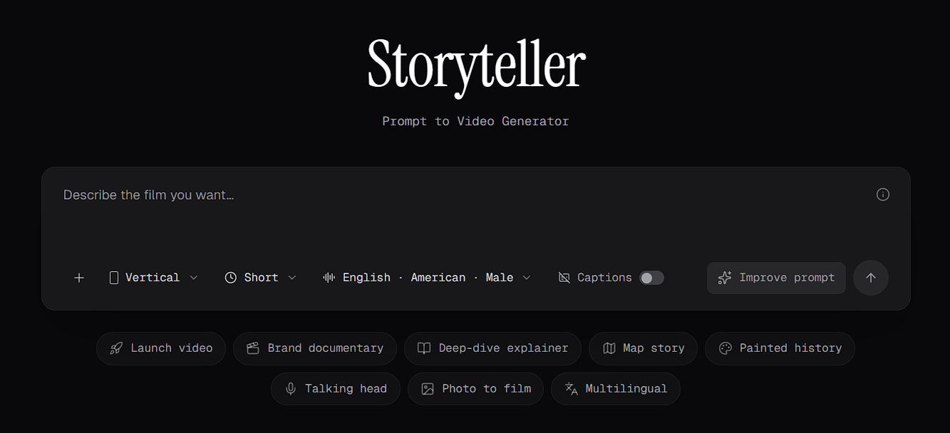 The Storyteller page, with the prompt box, settings for aspect ratio, duration, voice and captions, the Improve prompt button, and the preset buttons below