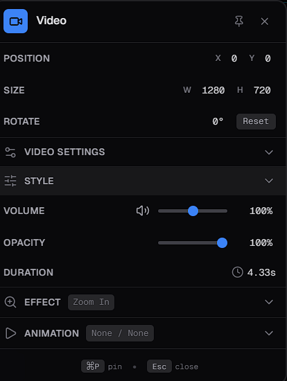The Video properties panel, with Position, Size and Rotate at the top, then Video Settings, Style, Volume, Opacity, Duration, Effect and Animation