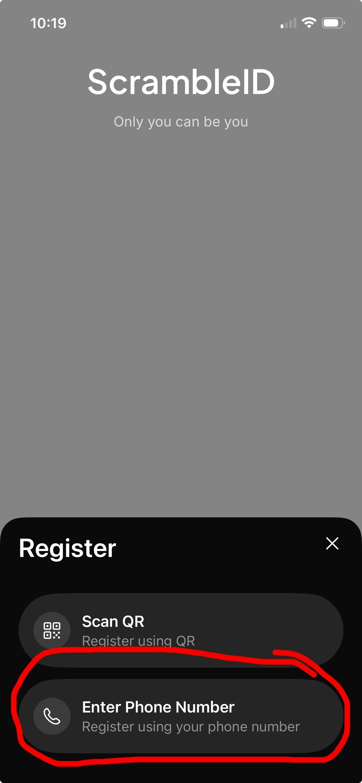 ScrambleID registration options with Enter Phone Number selected