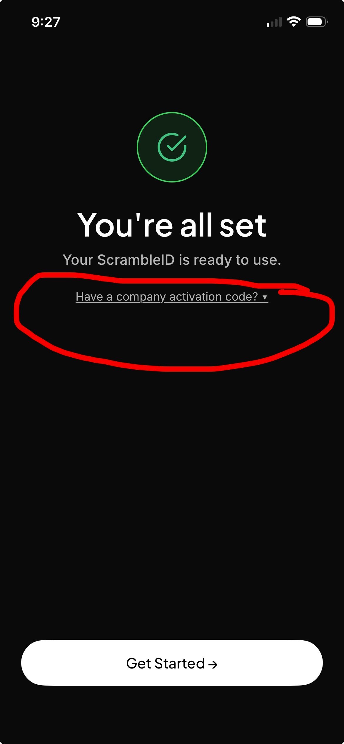 ScrambleID completion screen with Have a company activation code selected