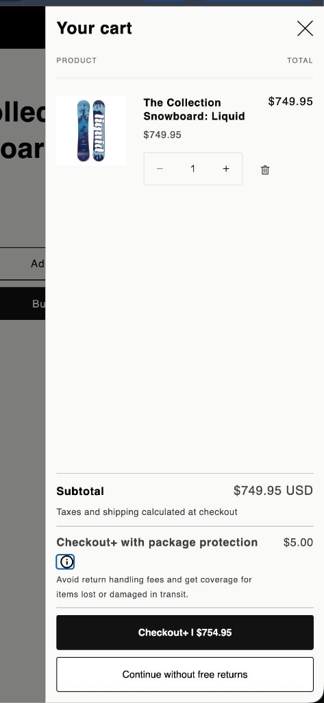 Checkout+ offer rendered in the cart drawer with a package protection line item, a primary Checkout+ button, and a secondary continue-without-coverage button