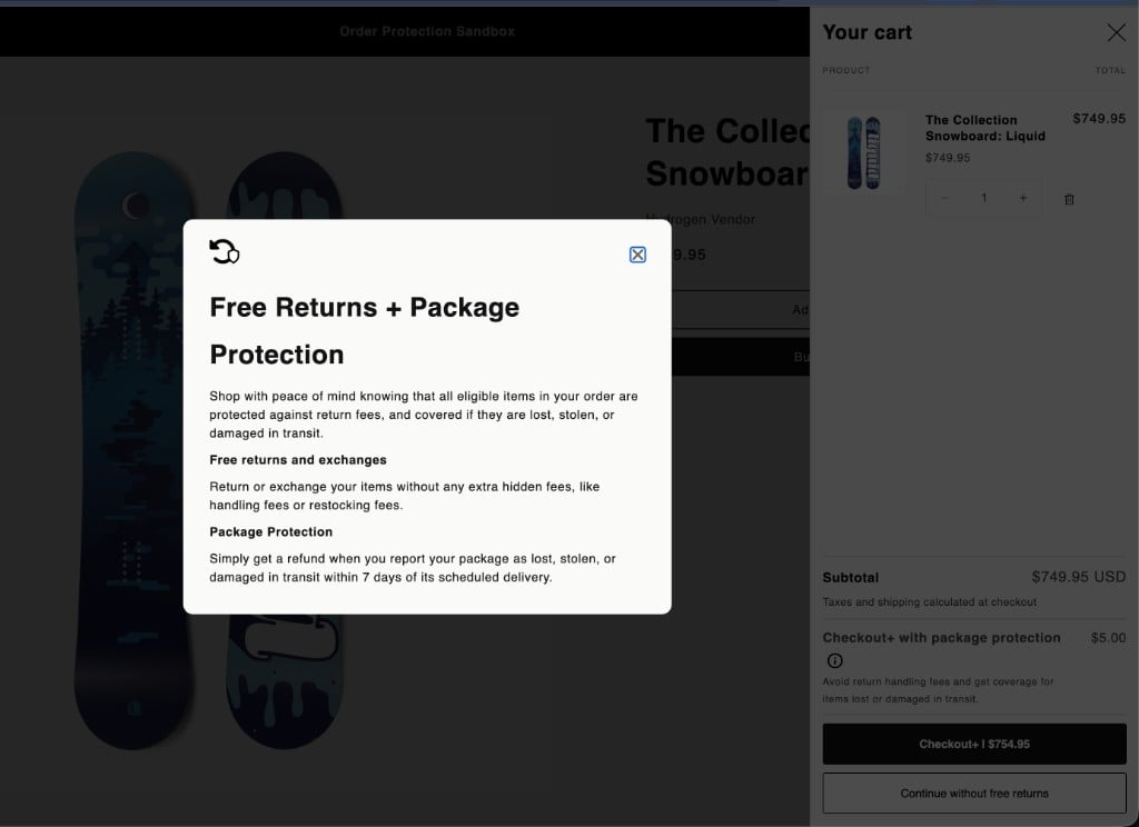 Free Returns + Package Protection info modal explaining return and shipping coverage benefits